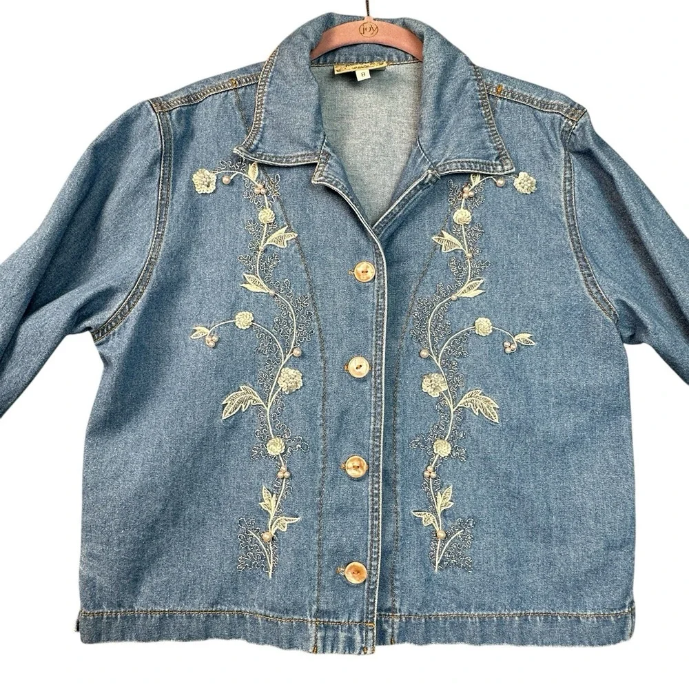 VTG Monique Fashions Denim Dress Jacket Set Size 8 Light Blue‎ Embroidered USA